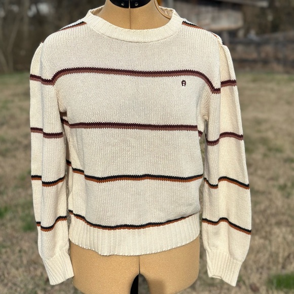 Etienne Aigner Sweaters - Vintage Etienne Aigner sweater. Cream. Striped. Granny sweater. Boho sweater